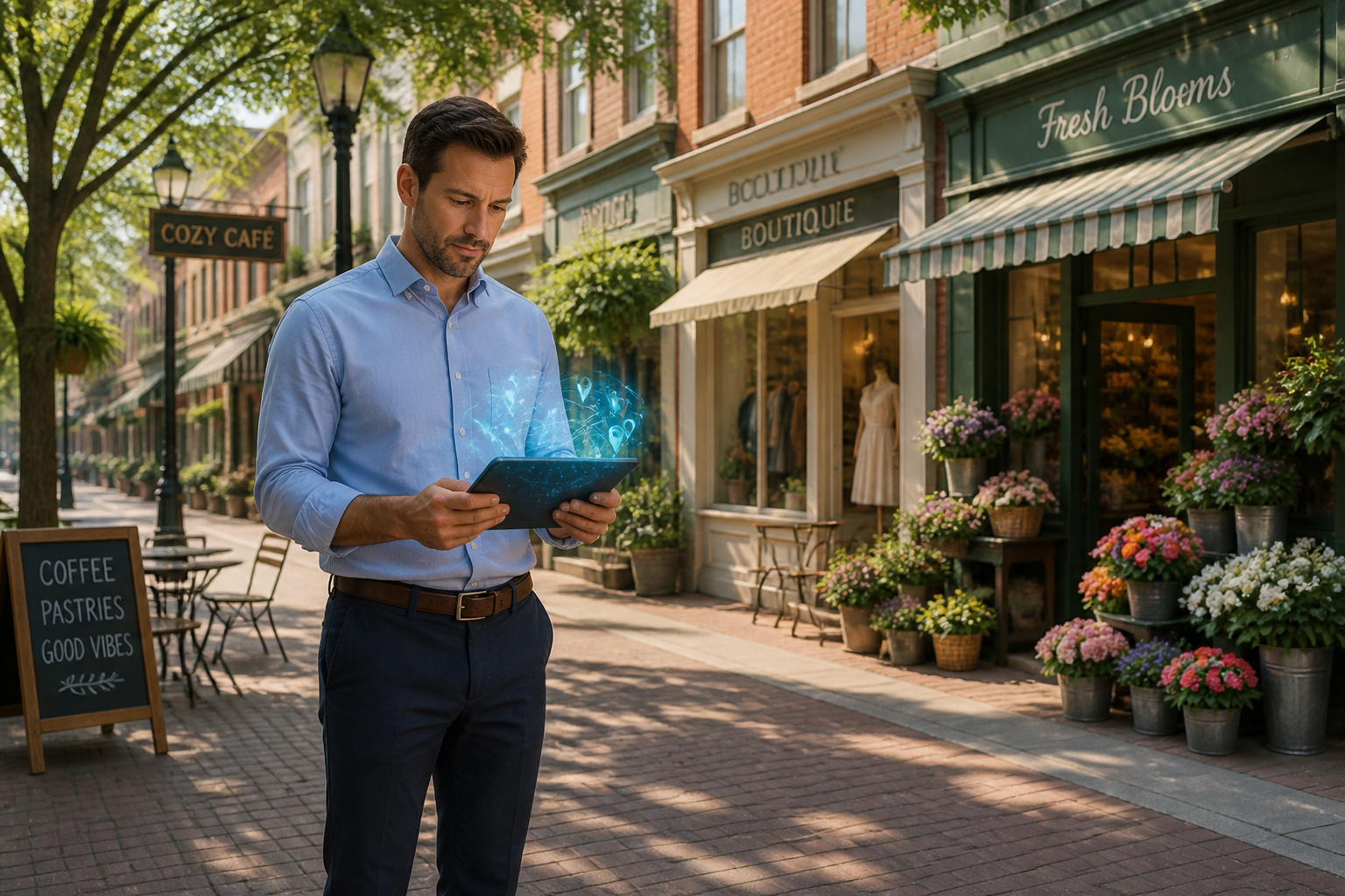 Entrepreneur connecte dans sa rue commercante
