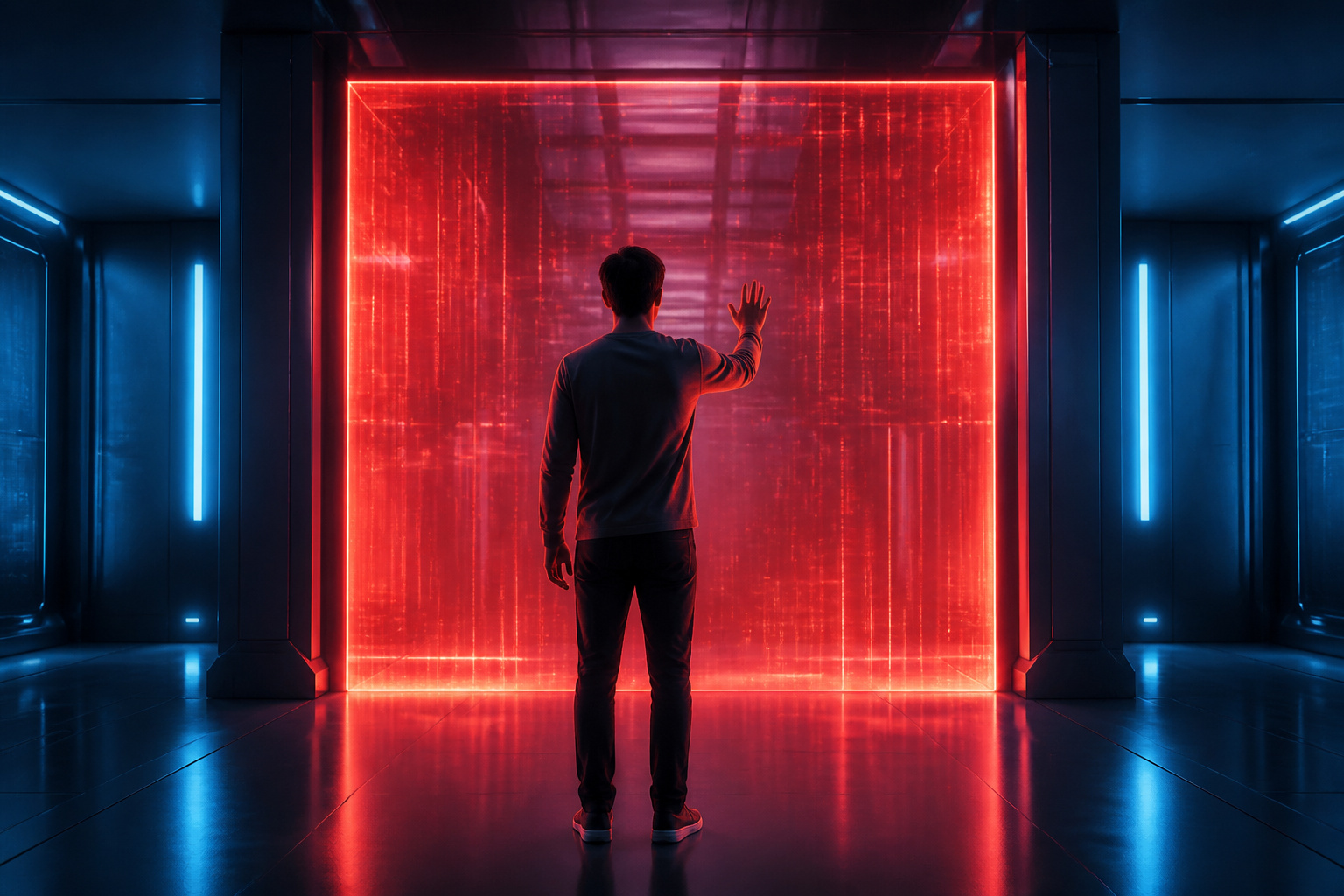 Barriere numerique rouge et homme