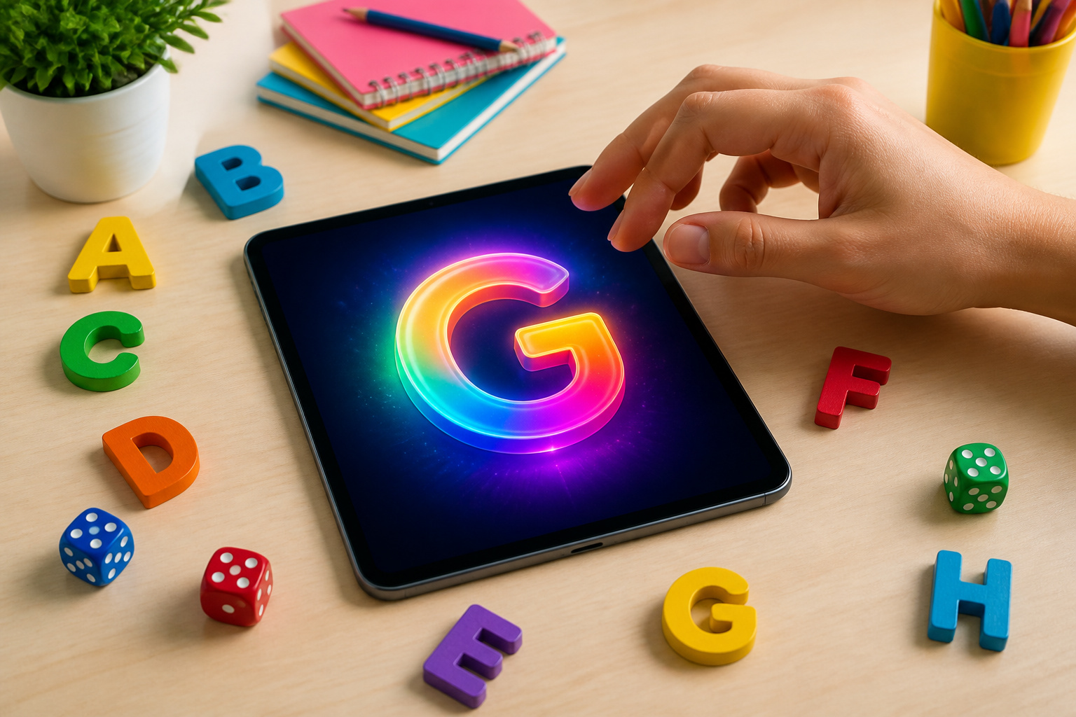 Jeu creatif avec une lettre lumineuse sur tablette