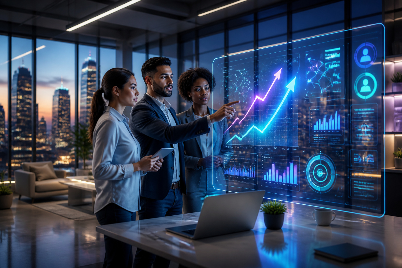 Collaboration futuriste sur un ecran holographique