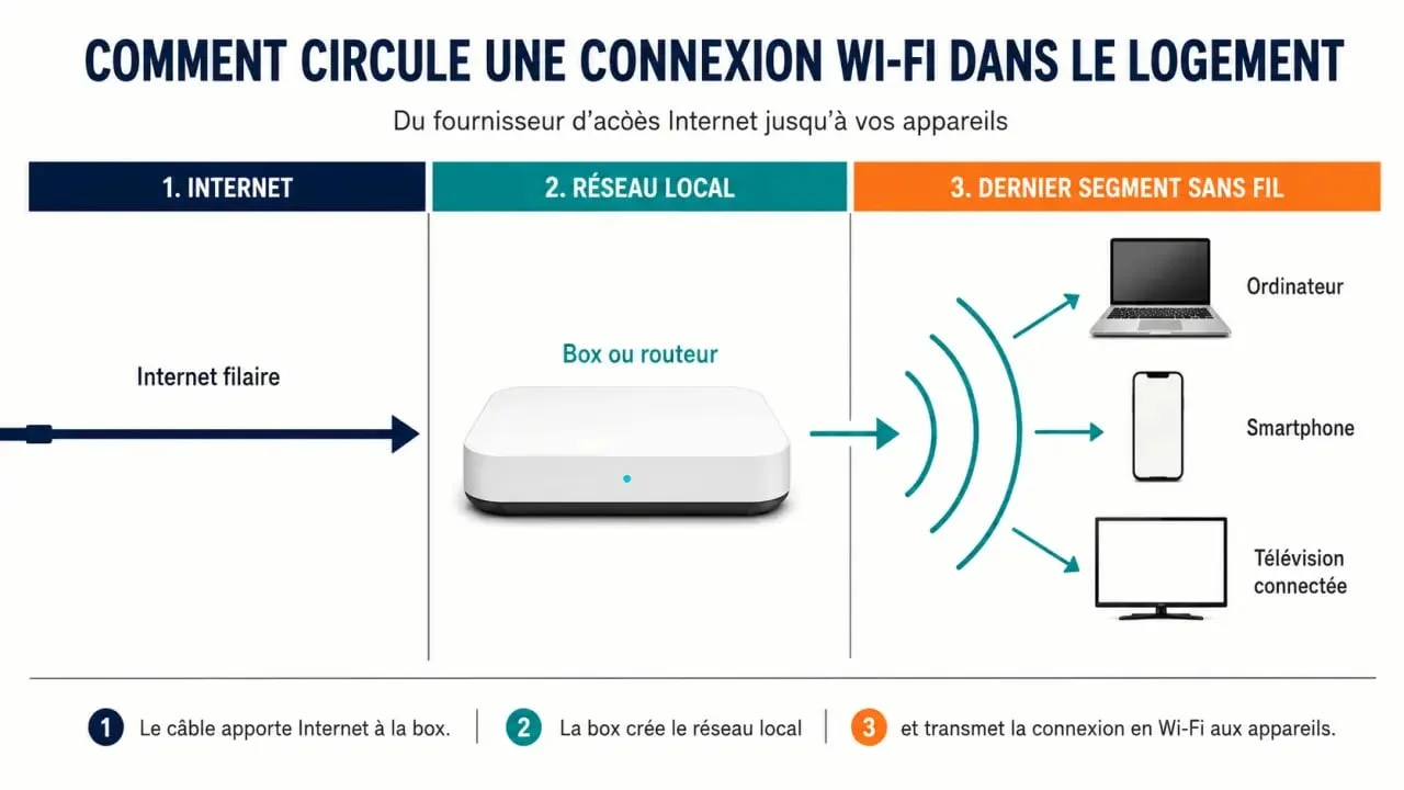 Schéma wifi montrant le trajet entre Internet, le routeur et les appareils connectés