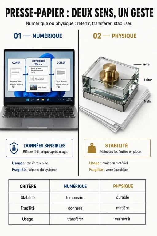 Presse-papier informatique Windows et objet presse-papier physique comparés dans une infographie