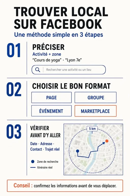 Infographie Facebook autour de moi pour rechercher un commerce ou un service local et vérifier son adresse