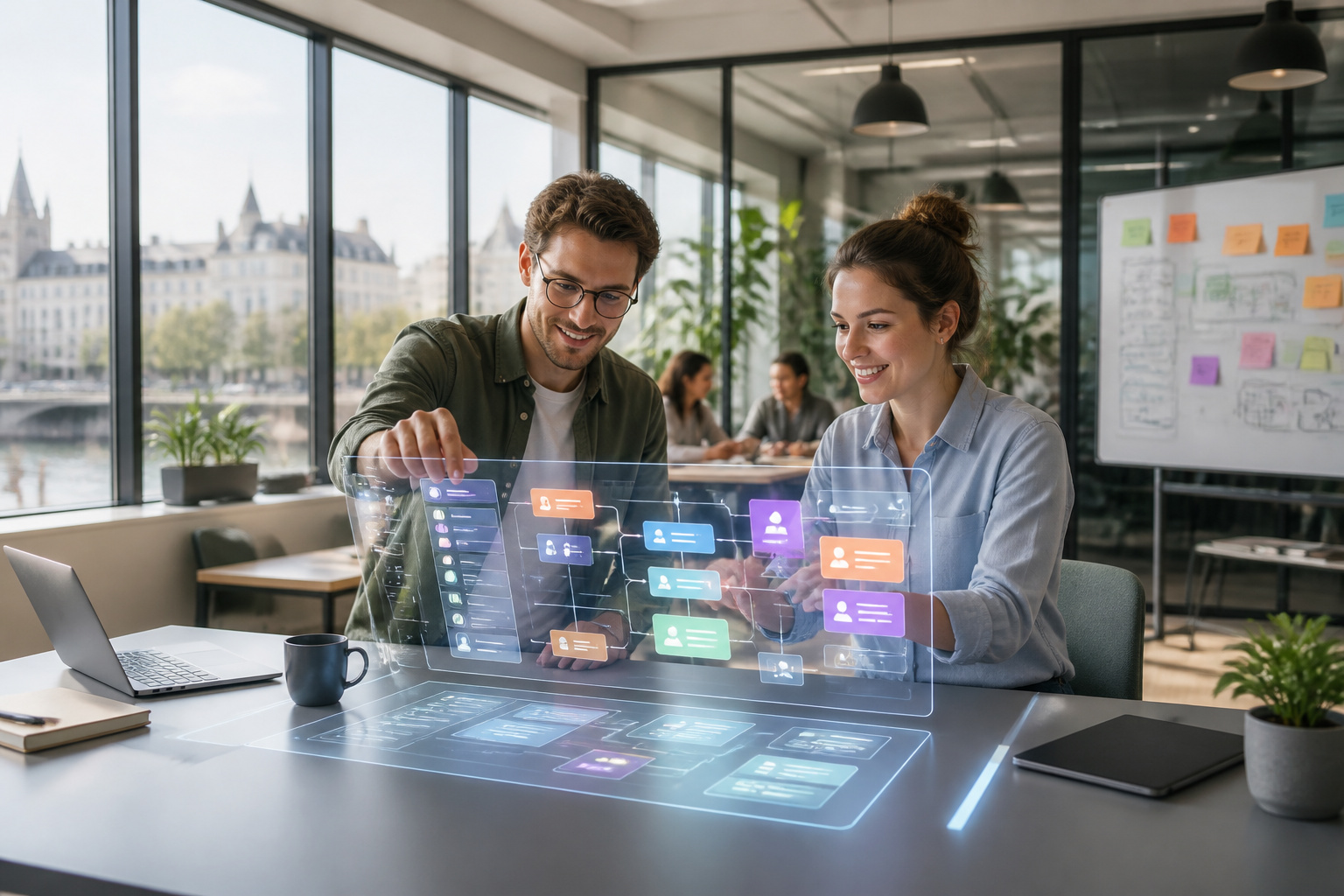 Collaboration futuriste dans un bureau moderne