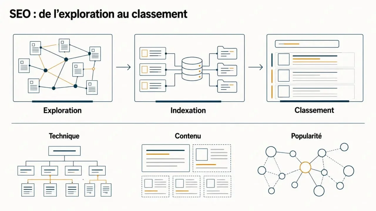 Infographie SEO sur l’exploration, l’indexation, le classement et les trois leviers du référencement naturel