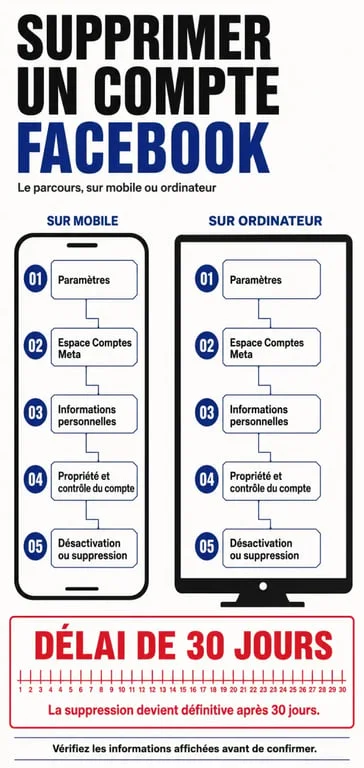 Comment supprimer un compte Facebook : parcours de suppression sur téléphone et ordinateur